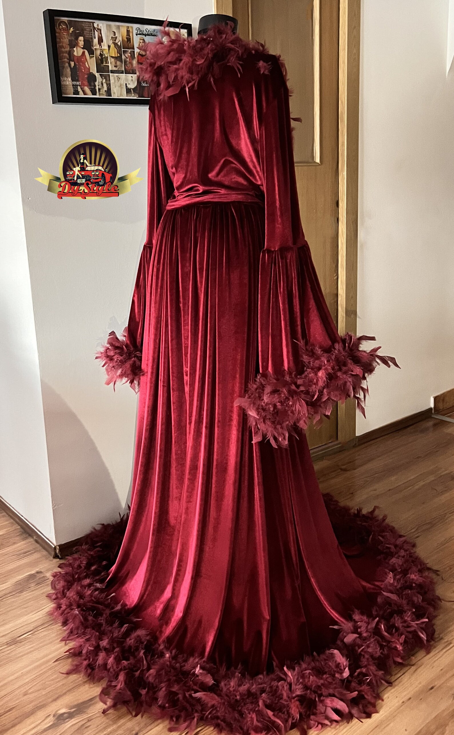 Velvet Feathers Robe, Wine Red Dressing Gown, Burgundy Burlesque Stage ...