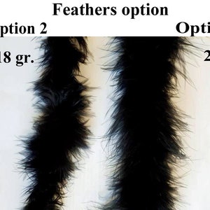 May include: Two black feather boas, one is 18 grams and the other is 28 grams.  Option 1 and Option 2 are labeled.