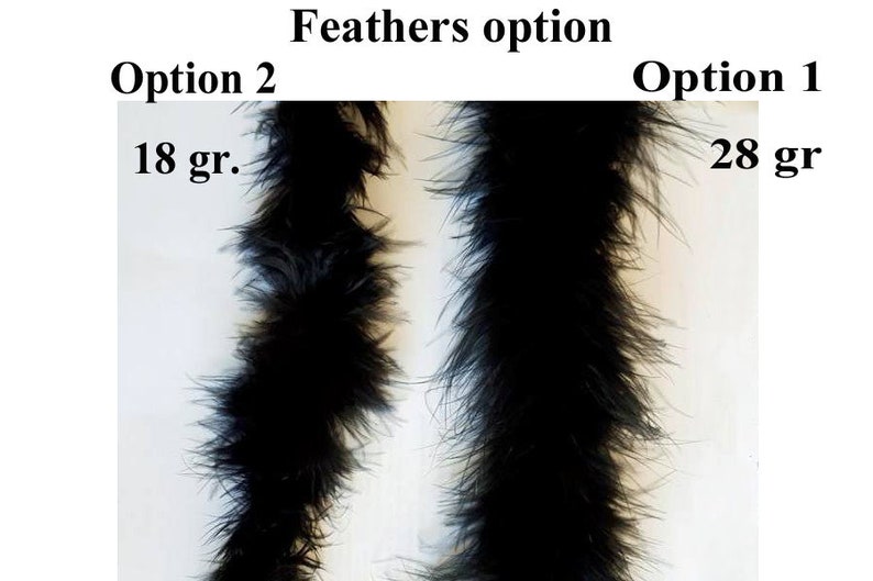 May include: Two black feather boas, one is 18 grams and the other is 28 grams.  Option 1 and Option 2 are labeled.