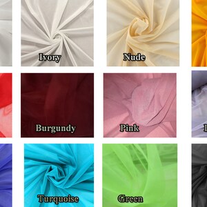 Puede incluir: Una colecci&oacute;n de 12 colores diferentes de tela transparente. La tela se muestra en una variedad de pliegues y cortinas. Los colores son blanco, marfil, nude, naranja, rojo, burdeos, rosa, lavanda, azul real, turquesa, verde y negro.