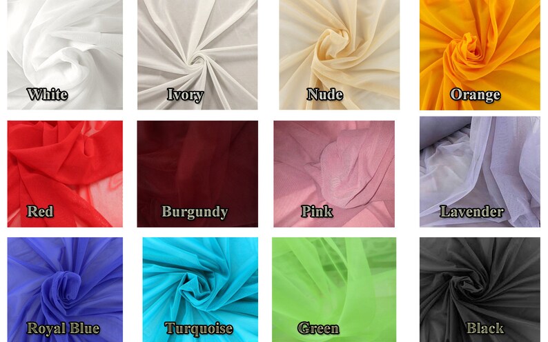 Puede incluir: Una colecci&oacute;n de 12 colores diferentes de tela transparente. La tela se muestra en una variedad de pliegues y cortinas. Los colores son blanco, marfil, nude, naranja, rojo, burdeos, rosa, lavanda, azul real, turquesa, verde y negro.