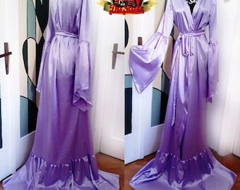 Lavender Satin Dressing Gown, Silky Lavender Satin Bride Dressing Gown, Bridesmaids Dressing Gown, Bridesmaids Plus Size Satin Robe