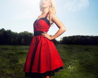 Red Cotton Corset Dress - Custom Made Rockabilly Halter