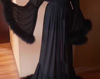 Luxus schwarze Feder Braut Robe - Eleganter schwarzer Morgenmantel, Boudoir Fotoshooting, Brautdusche Geschenk, schiere lange Robe
