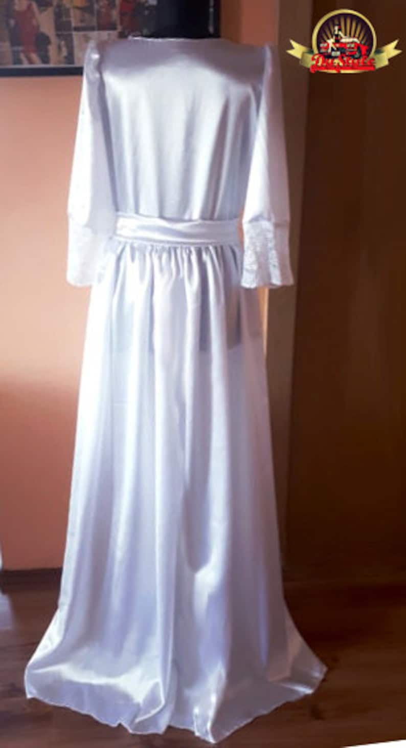 White Satin and Lace Puffy Sleeves Kimono Robe Dress