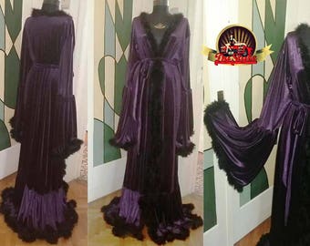 Purple Boudoir Robe, Velvet Dressing Gown, Marabou Feathers Robe, Burlesque Purple Velvet Starlet Dressing Gown