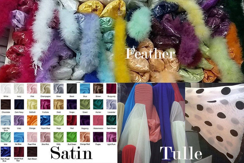 May include: A variety of fabrics in different colors and textures, including satin, tulle, and feather. The satin fabric is displayed in a color chart with 36 different colors. The tulle fabric is shown in a variety of colors, including pink, blue, and white. The feather fabric is shown in a variety of colors, including white, pink, and blue.