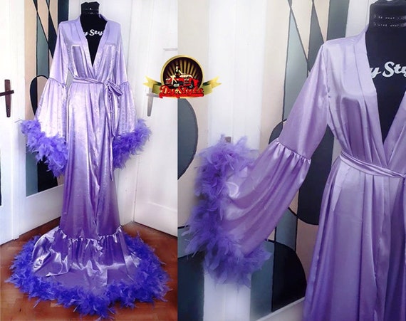 Lavender Big Feathers Robe, Stage Purple Dressing Gown, Satin Dressing Gown  - Etsy