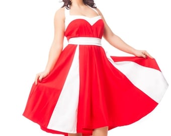 Custom Made 1950s Rockabilly Korsett Kleid aus roter und weisser Baumwolle