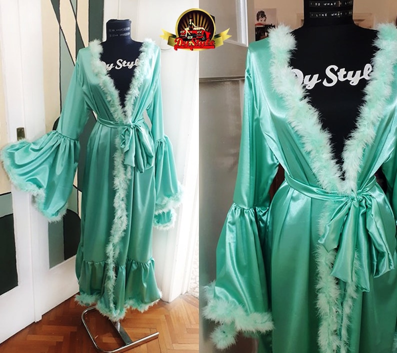 Mint Green Satin Robe Green Marabou Feather Dressing Gown Etsy