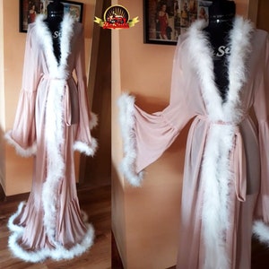 Tulle with Fluffy White Feathers Robe, Marabou Feathers Dressing Gown, Bride Sheer Feather Kimono