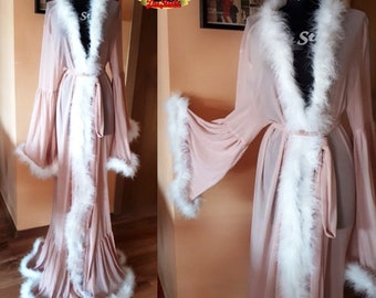 Bata de tul con plumas blancas esponjosas, bata de plumas de marabú, kimono de plumas transparentes para novia