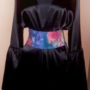 2 Sides  Flowers Obi Sash Belt and reversible Black Satin