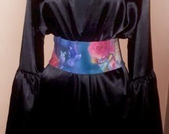 2 Sides  Flowers Obi Sash Belt and reversible Black Satin