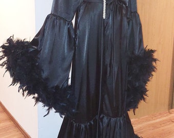 Black Silky Satin Feathers Robe with train, Black Custom Plus Size  Dressing Gown,  Feathers Stage Dress