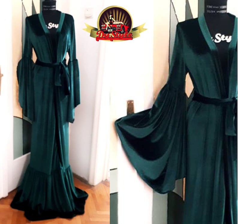 Green Velvet Robe, Green Duster, Green Velvet Dressing Gown image 2