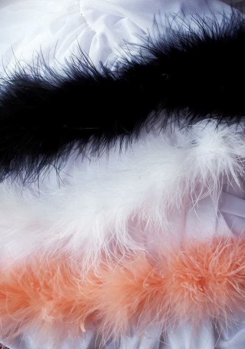 May include: Three strips of feather trim in black, white, and peach colors. The feather trim is soft and fluffy.