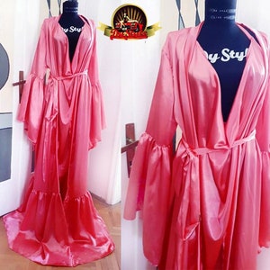 Pink Salmon Silky Satin Dressing Gown Set, Vintage Style Sleepwear ...