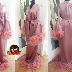 Dusty Pink Silky Satin Dressing Gown, Feathers Stage Dress Robe, Bridal Lingerie, Burlesque Feathers Kimono Dressing Gown image 1