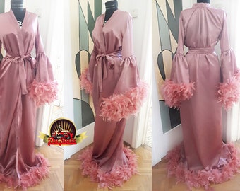 Dusty Pink Silky Satin Dressing Gown, Feathers Stage Dress Robe, Bridal Lingerie, Burlesque Feathers  Kimono Dressing Gown