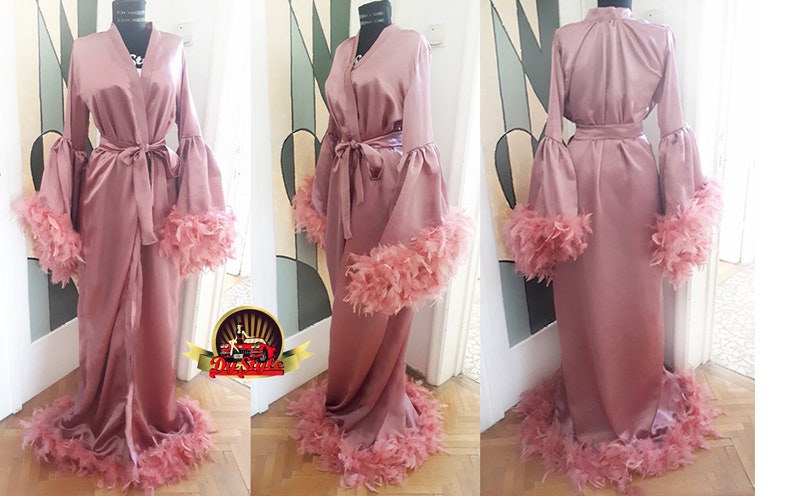 Dusty Pink Silky Satin Dressing Gown, Feathers Stage Dress Robe, Bridal Lingerie, Burlesque Feathers Kimono Dressing Gown image 1
