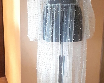 Perlen Brautkleid, weiße Perlen Tüll Kleid, Perlen Kleid, weißes romantisches Kleid