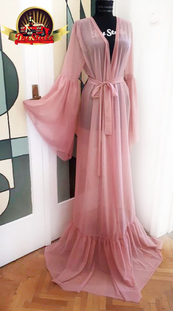 Pink Chiffon Seethrough Kimono Duster Beach Dress / Sexy Pink Lingerie Robe  -  Canada