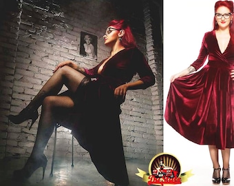 Pin Up Velvet 50s Dress, Custom made plus size Velour dress, Vintage velvet dress