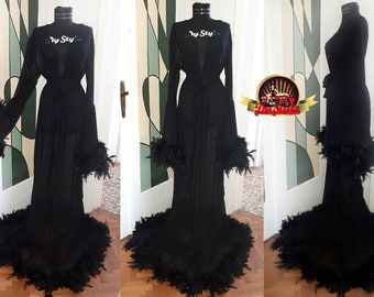 Robe noire de plumes de tulle, lingerie sexy noire, robe de chambre burlesque de plumes, robe noire de scène