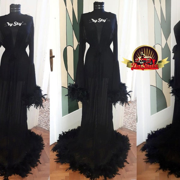 Robe noire de plumes de tulle, lingerie sexy noire, robe de chambre burlesque de plumes, robe noire de scène