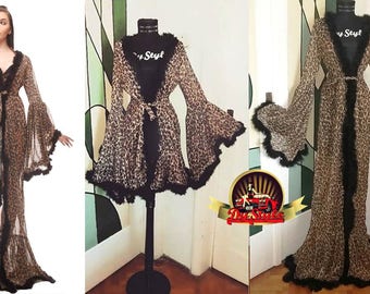 Animal Print Marabou Feathers Dressing Gown Stage Robe Dress