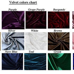 May include: A color chart of velvet fabric swatches in various colors, including red, purple, grape purple, burgundy, dusty pink, gold/nude, silver, white, brown, pink, black, navy blue, teal, green, and blue.
