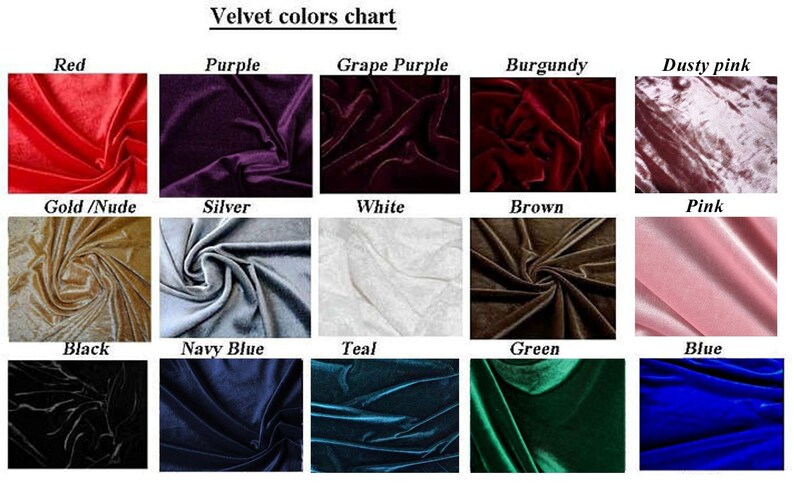 May include: A color chart of velvet fabric swatches in various colors, including red, purple, grape purple, burgundy, dusty pink, gold/nude, silver, white, brown, pink, black, navy blue, teal, green, and blue.