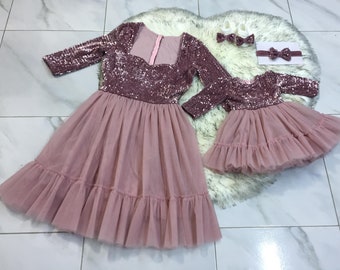 Dusty Pink Mother daughter sequins and tulle dresses / mommy & me matching pink dresses