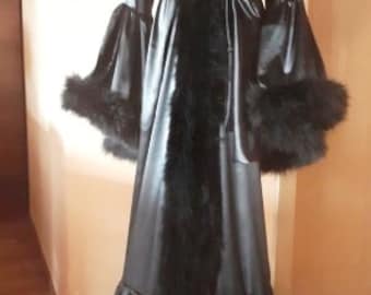 Black Silky Satin with Black 48 gr Marabou Feather Robe Stage Dress