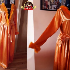 Orange Boudoir Silky Satin Bata Vintage Style Slaapkleding Lange Satin Robe Bride Dressing Burlesque Hollywood Starlet Gold Negligee