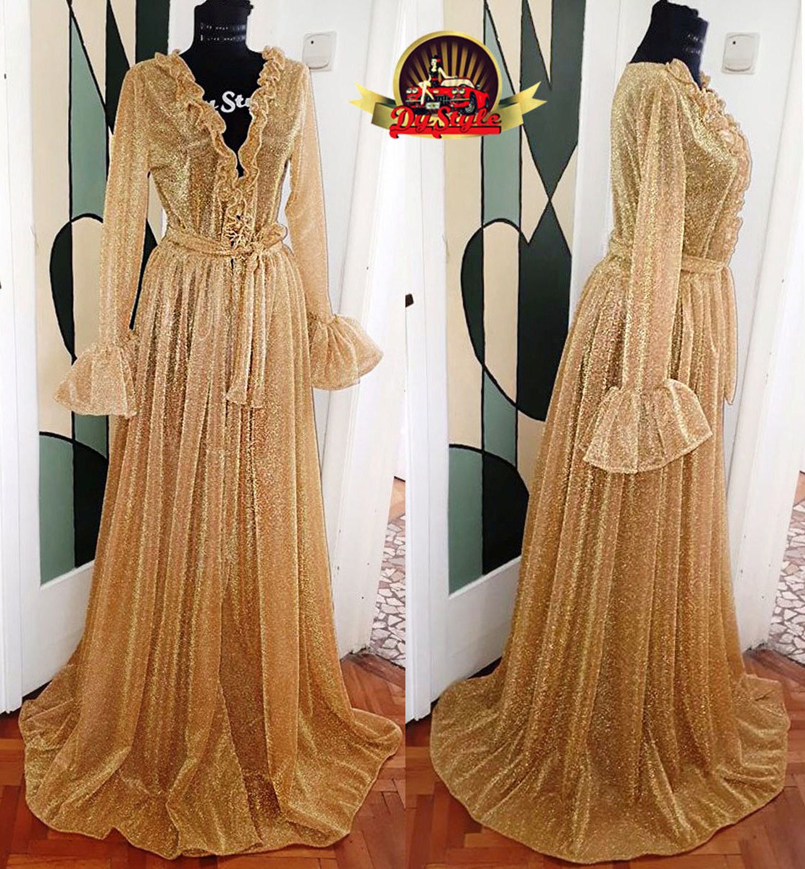 Gold Sparkling Tulle Princess Ruffle Frill Sleeves Vintage Romantic ...
