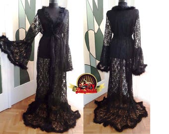 Custom Black Lace Robe: Feather Trim Lingerie, Bell Sleeves