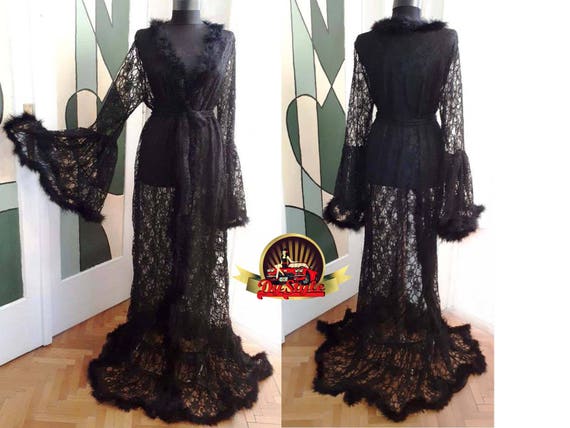 Custom Black Lace Robe: Feather Trim Lingerie, Bell Sleeves