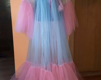 Eleganter blauer und rosa Morgenmantel, Feenmantel, Prinzessinnenkleid, ラグュアリーローブ,ハリウッドスタイルローブ,グラマラスローブ,ロロローポ