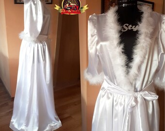 White Puffy Sleeves and Feathers Silky Satin  Wedding Robe, Getting Ready Dressing Gown