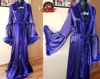 Purple Satin Marabou Feather Dressing Gown, Hollywood Starlet Stage Dress