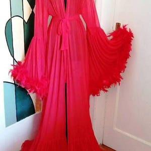 Red Dressing Gown, Feathers Burlesque Robe, Red Dressing Gown, Tulle Stage Dress