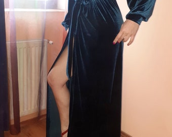 Royal Vintage Teal Blau Puffy Balloon Sleeve Samt Duster Robe, Velour Hausmantel