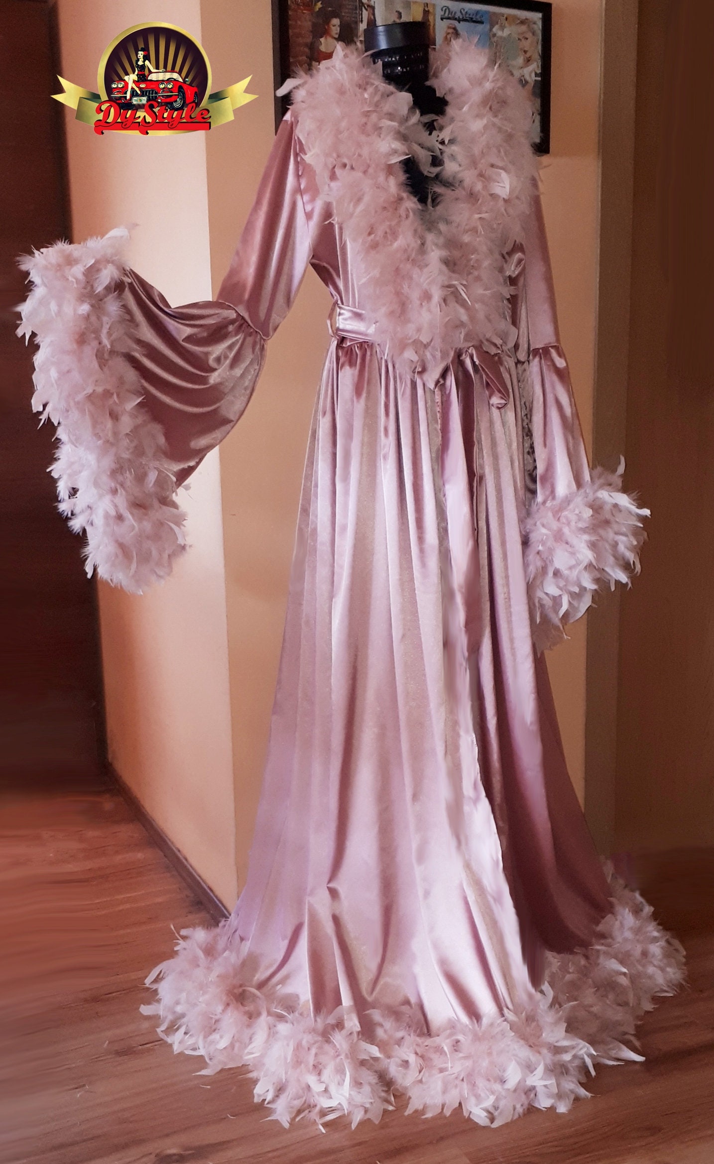 Dusty Pink Luxury Satin Feathers Robe, Pink Satin Dressing Dusty Pink Luxury Satin Feathers Robe, Pink Satin Dressing