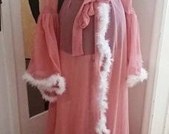Custom Pink Chiffon Marabou Feather Robe, Bell Sleeves