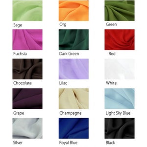 Puede incluir: Una carta de colores de 25 muestras de tela, que muestra una variedad de colores, incluyendo amarillo narciso, salvia, cazador, fucsia, burdeos, chocolate, lila, blanco, lavanda, marfil, uva, champ&aacute;n, azul cielo claro, oro, azul, plata, azul real, negro y azul marino oscuro.