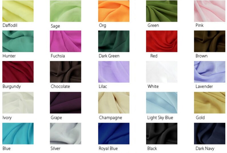 Puede incluir: Una carta de colores de 25 muestras de tela, que muestra una variedad de colores, incluyendo amarillo narciso, salvia, cazador, fucsia, burdeos, chocolate, lila, blanco, lavanda, marfil, uva, champ&aacute;n, azul cielo claro, oro, azul, plata, azul real, negro y azul marino oscuro.