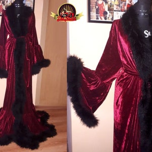 Burgundy Velvet with Black Marabou 48 gr Feather Dressing Gown, Velour Robe Kimono