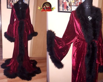 Burgundy Velvet with Black Marabou 48 gr Feather Dressing Gown, Velour Robe Kimono